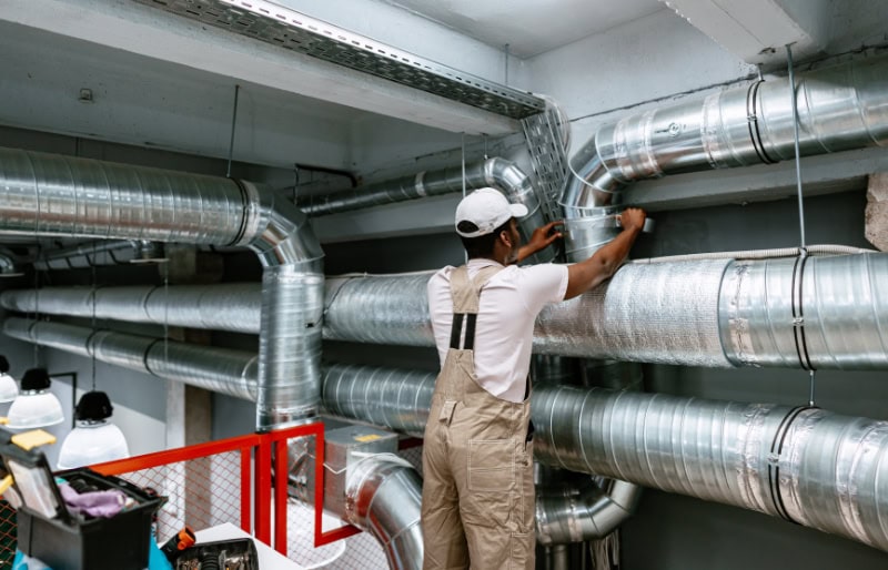 A member of the H2O Hygiene team working on maintenance tasks on a commercial ductwork system